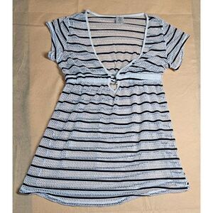 Alexa & Stella Striped Open Knit Swim Cover Up Dress Tunic V-Neck Size S